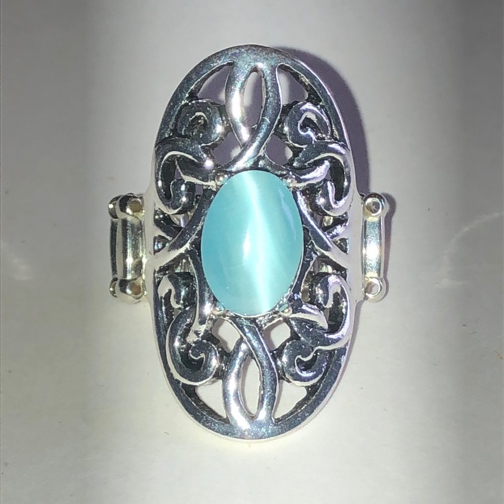 Silver Tone Filigree Ring with Aqua Blue Moon Glow Faux Stone